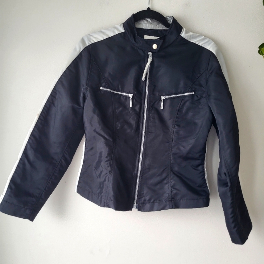 Bossini Techno sport black with silver reflective bands fitted moto jacket Sz 7